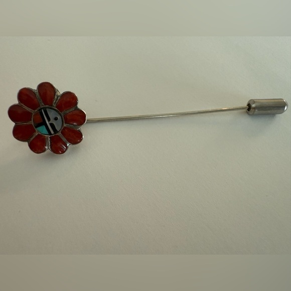 Vintage Zuni Sunface Inlay Flower Stick Pin Coral Turquoise MOP Native American - Picture 2 of 10